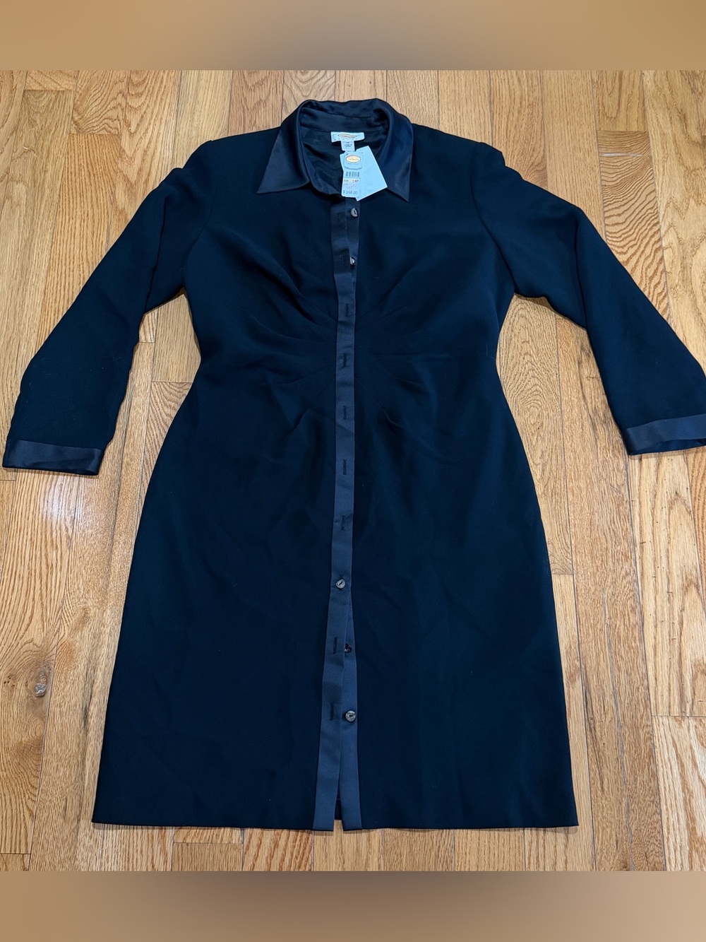 Size 14P Talbots Black Button Down Satin Trim Shirt Dress 14 Long Sleeve NWT